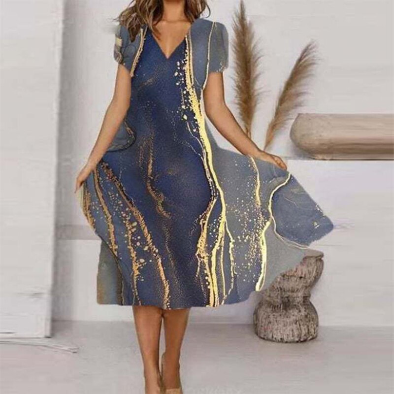 Vintage Short Sleeve V Neck Print Floral Elegant Bohemia Midi Dress