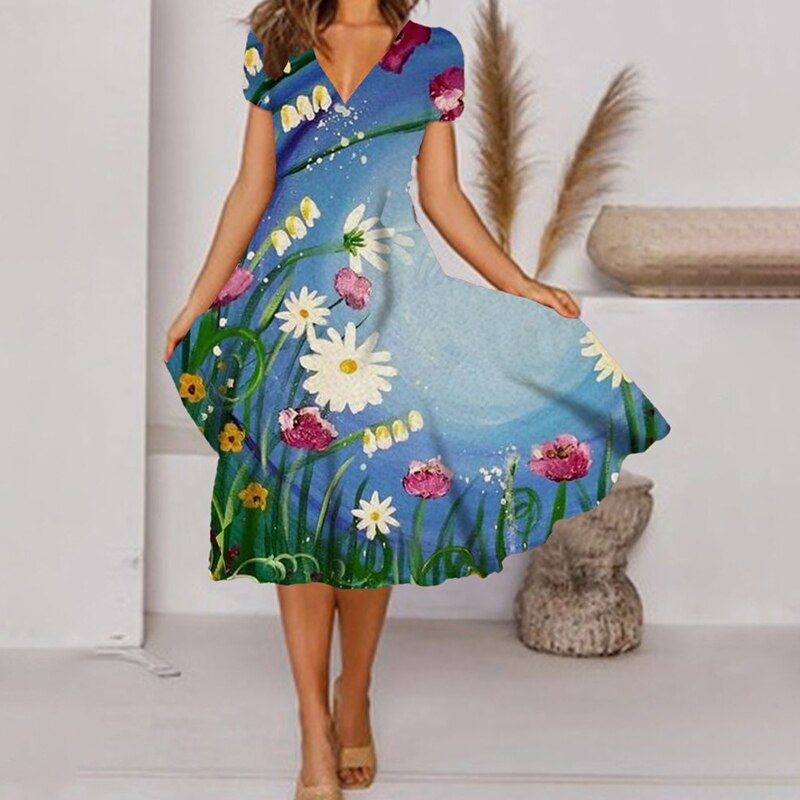 Vintage Short Sleeve V Neck Print Floral Elegant Bohemia Midi Dress