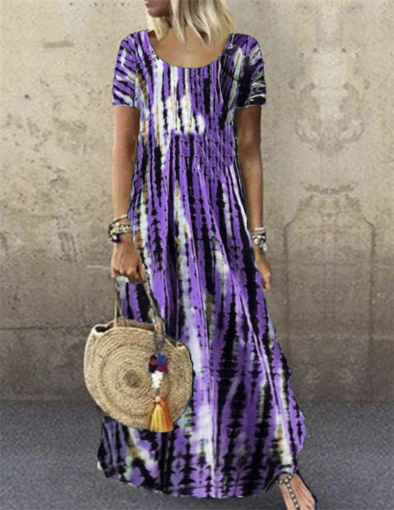 Fashion Tie Dye Print O Neck Pullover Short Sleeve Maxi Dress