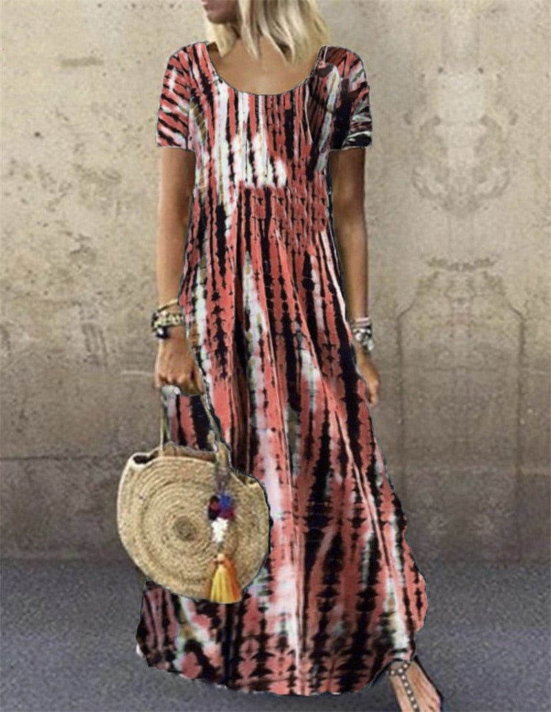 Fashion Tie Dye Print O Neck Pullover Short Sleeve Maxi Dress