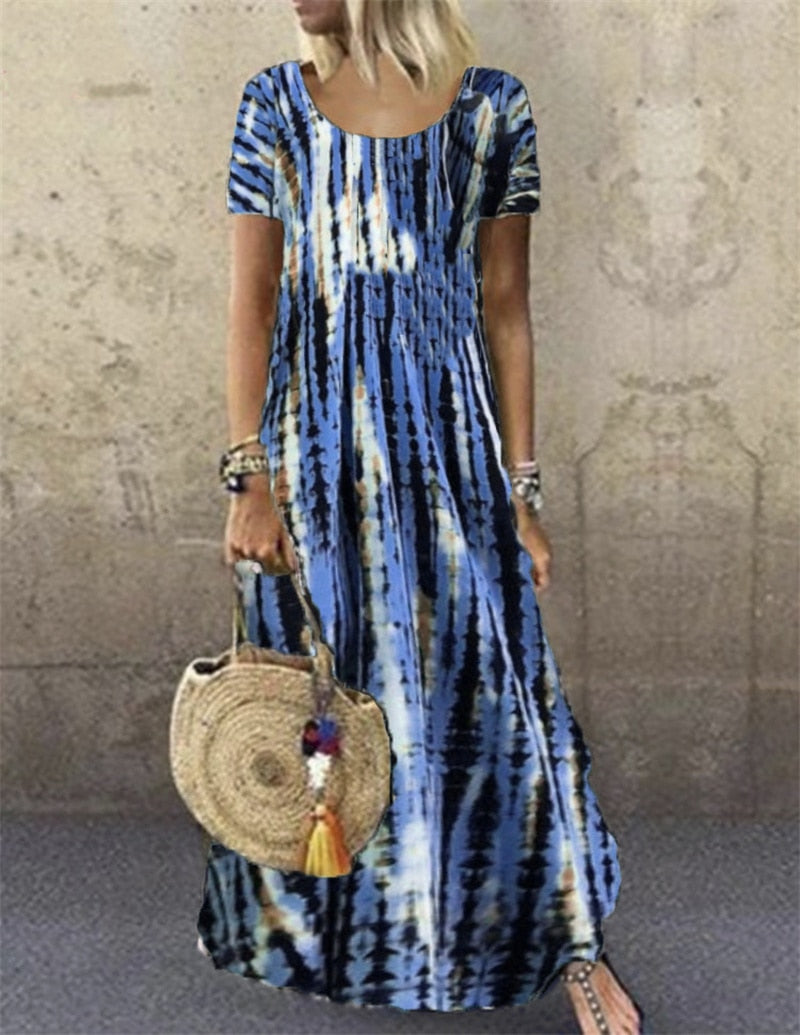Fashion Tie Dye Print O Neck Pullover Short Sleeve Maxi Dress