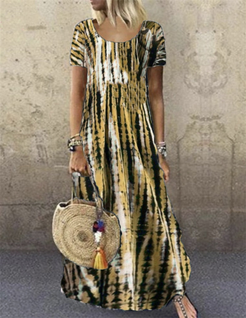 Fashion Tie Dye Print O Neck Pullover Short Sleeve Maxi Dress