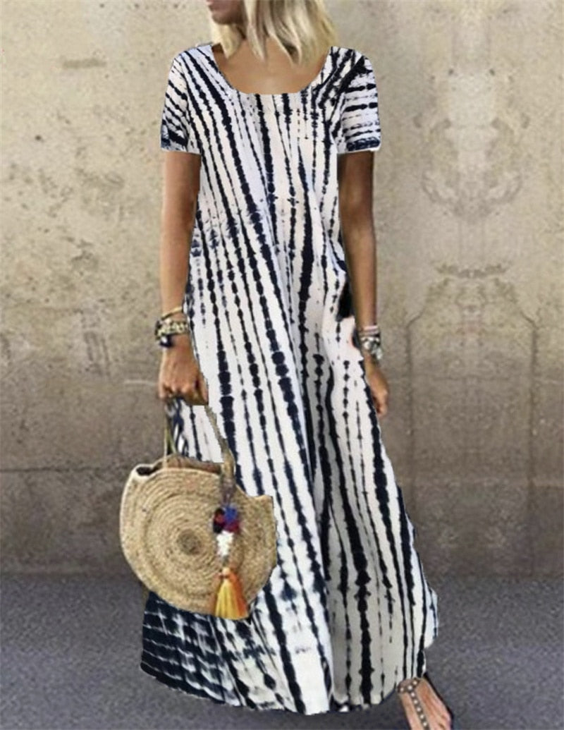 Fashion Tie Dye Print O Neck Pullover Short Sleeve Maxi Dress