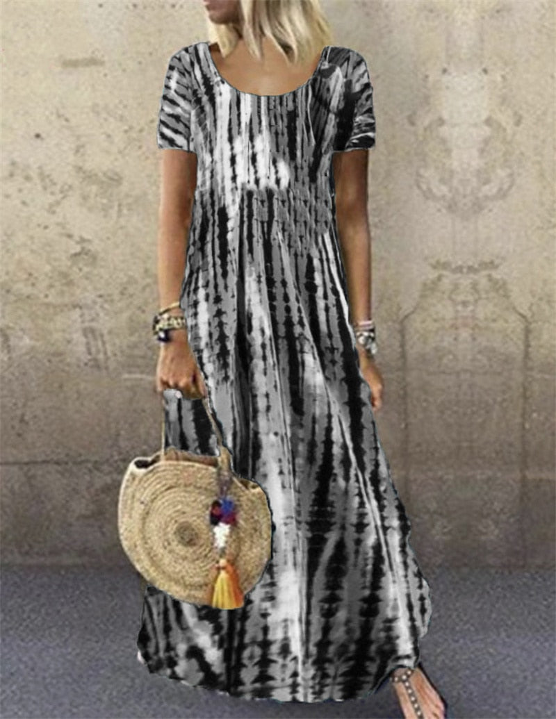 Fashion Tie Dye Print O Neck Pullover Short Sleeve Maxi Dress