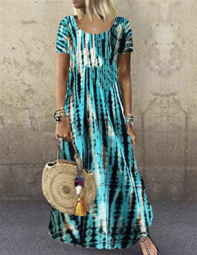 Fashion Tie Dye Print O Neck Pullover Short Sleeve Maxi Dress