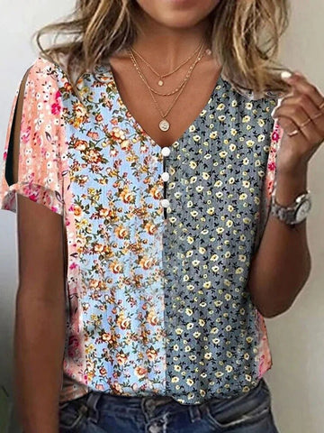 Fashion Women Print Vintage Hole Loose Casual Short Sleeve Tops