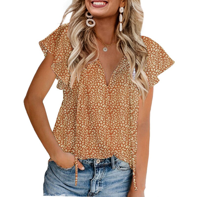 Floral V-Neck Loose Short Sleeved Chiffon T-Shirts