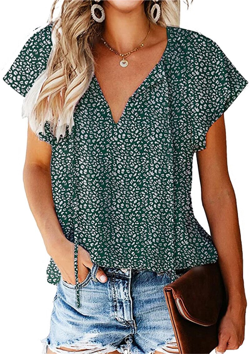 Floral V-Neck Loose Short Sleeved Chiffon T-Shirts