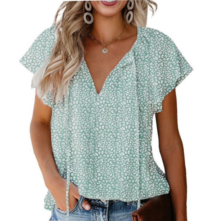 Floral V-Neck Loose Short Sleeved Chiffon T-Shirts