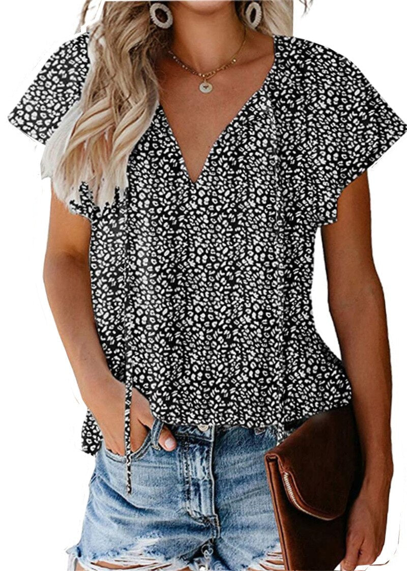 Floral V-Neck Loose Short Sleeved Chiffon T-Shirts