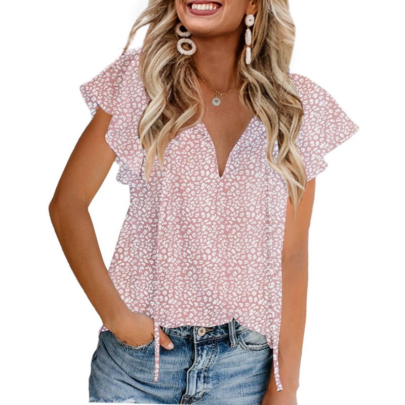 Floral V-Neck Loose Short Sleeved Chiffon T-Shirts