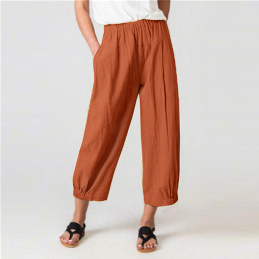 Cotton Linen Solid High Waist Women Trousers