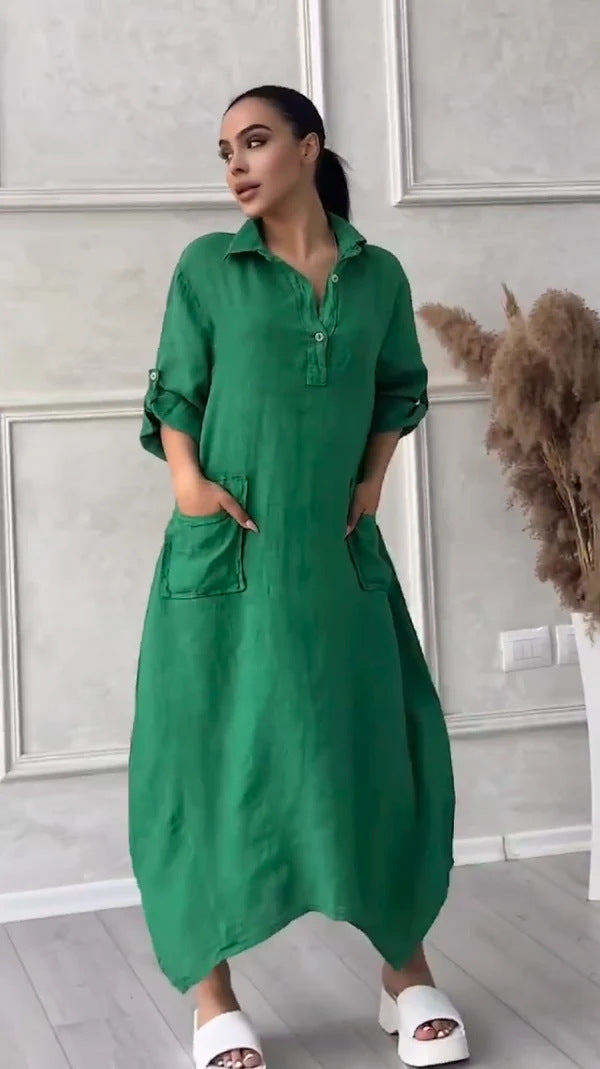 Solid Color Casual Shawl Collar Plain Loose Dress