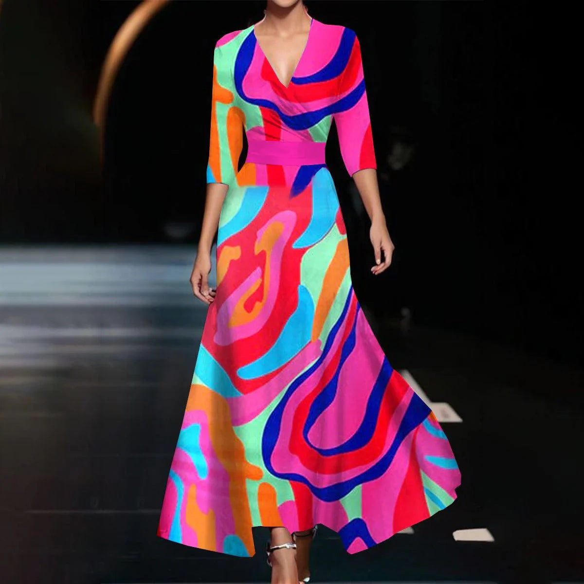 Casual Daily Regular Fit Floral 3/4 Length Sleeve V Neck Maxi Dress
