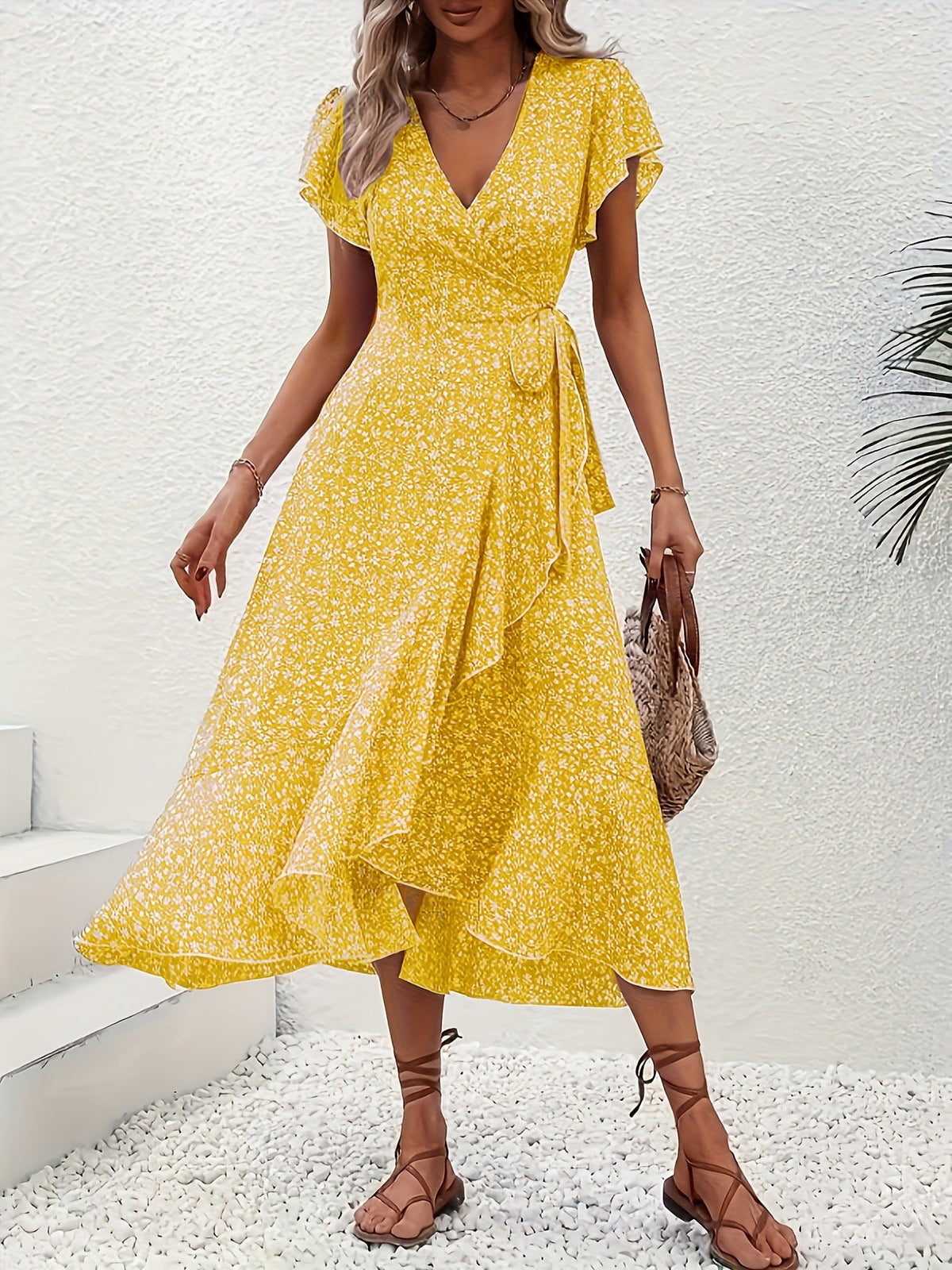 Women's Floral Print Surplice Dress with Flutter Sleeves and Ruffle Hem