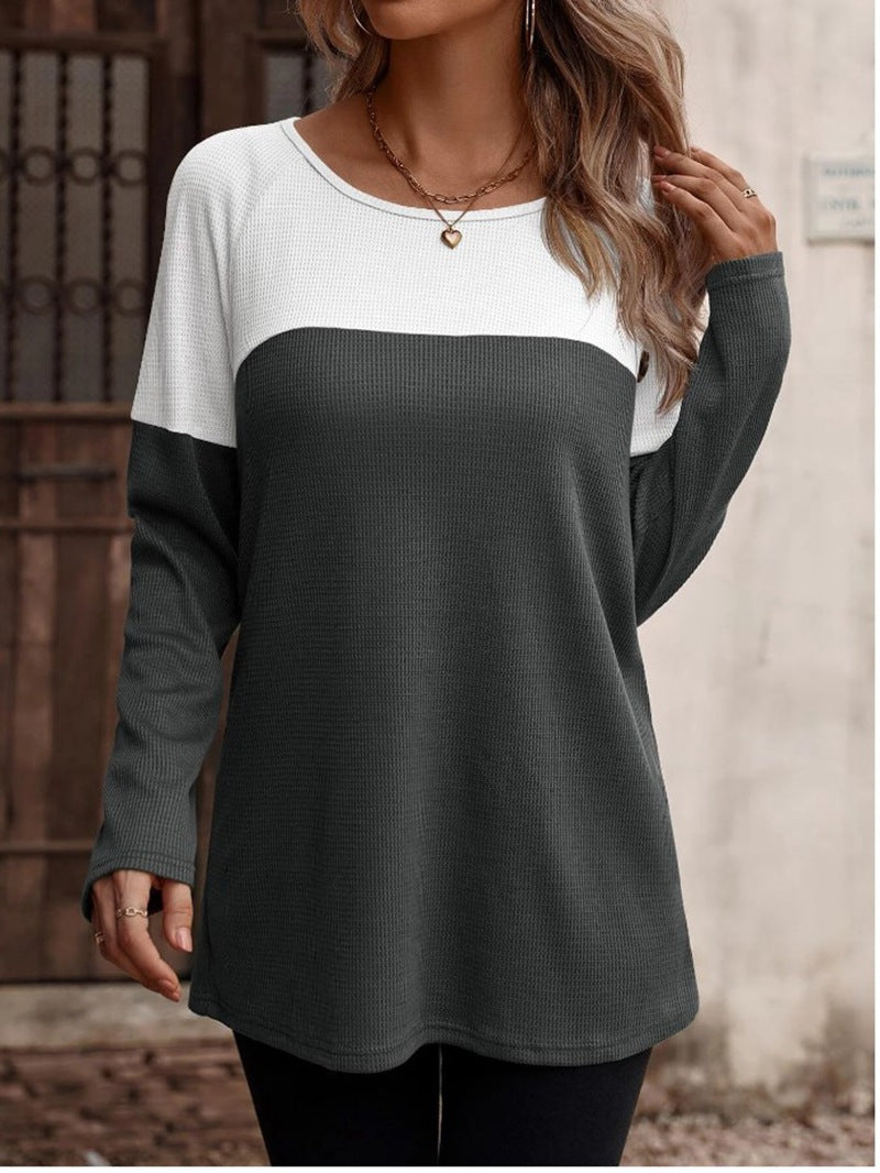 Women's Colorblock Button Decor Waffle Pattern Long Sleeve Round Neck Top