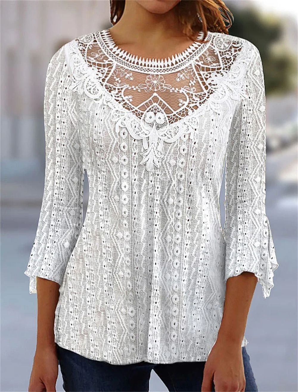Plain Lace 3/4 Length Sleeve Casual Vintage Fashion Basic Round Neck Blouse