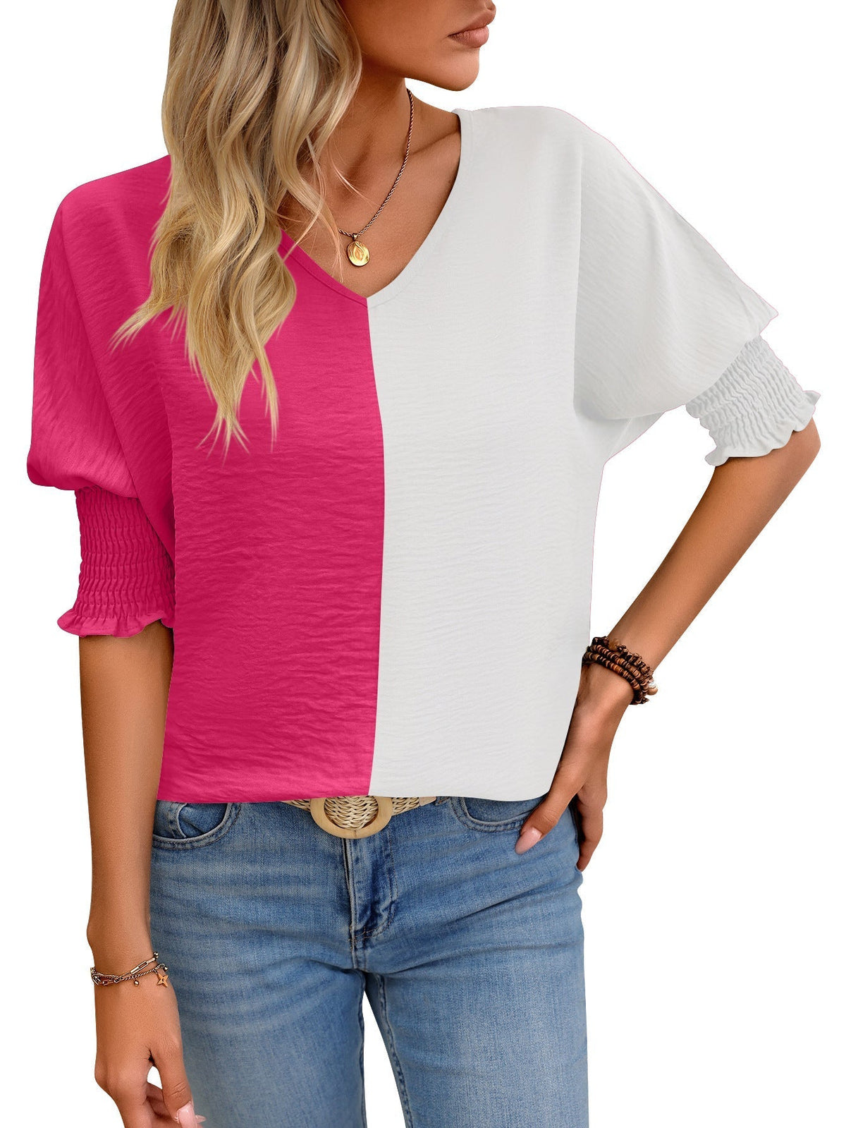Color Block V Neck T-Shirt, Casual Shirred Lantern Sleeve T-Shirt
