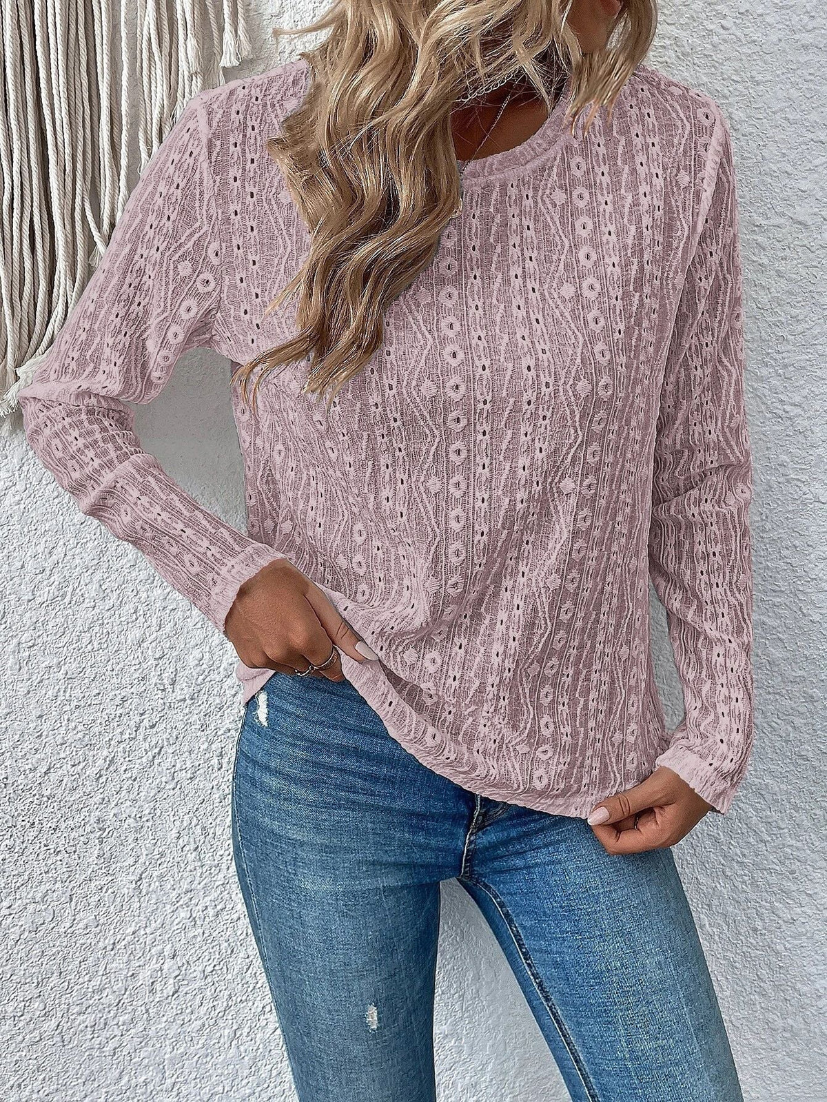 Eyelet Solid T-shirt, Casual Crew Neck Long Sleeve T-shirt