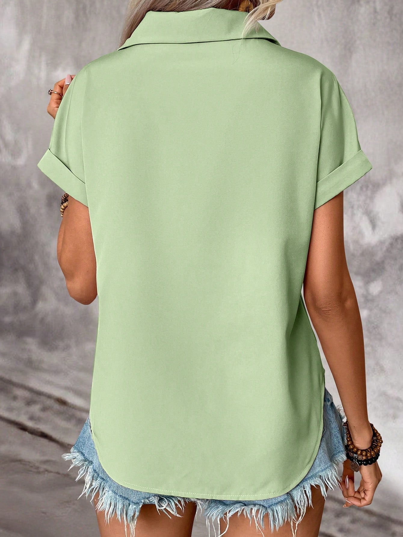 Elegant Solid Color Pleated Batwing Short Sleeve Casual Shirt