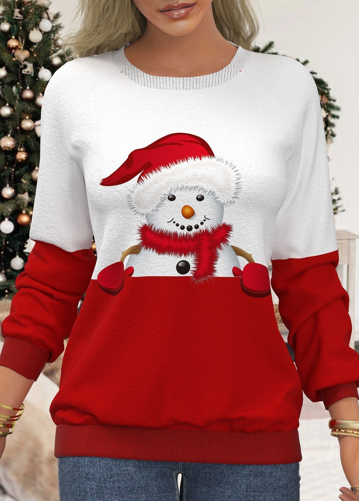 Snowman & Snowflake Print Sweatshirt, Casual Long Sleeve Crew Neck Sweatshirt