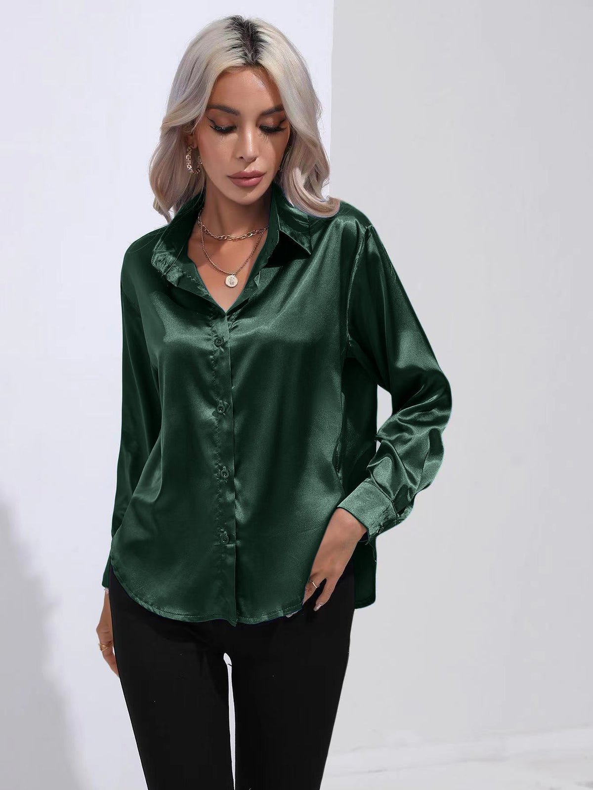 Lapel-collar Satin-satin-faux Silk Long-sleeved Shirt