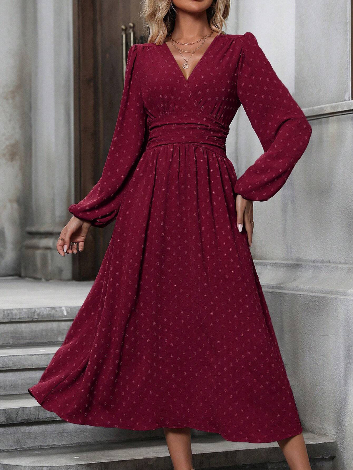 Floral Balloon Sleeve Spring/Fall Dress V Neck Long Sleeve A-Line Dress