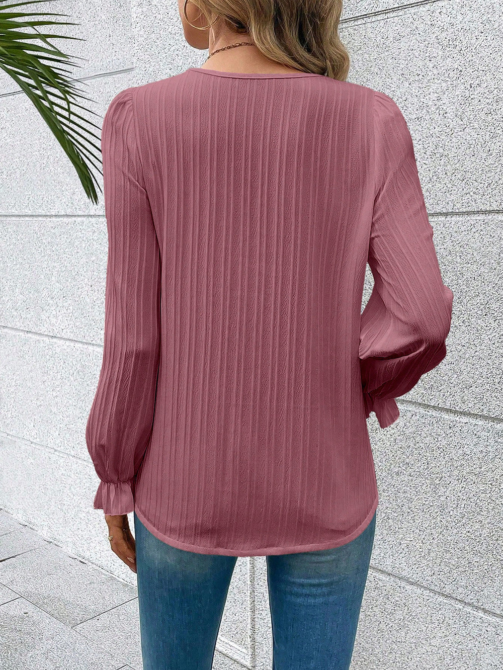 Contrast Lace Solid Blouse, Elegant V Neck Long Sleeve Blouse