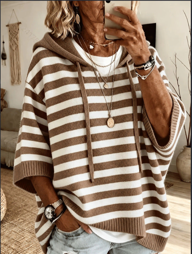 Solid Color Casual Hooded Batwing Sleeve Knit Sweater