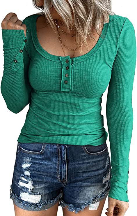 Casual Button Scoop Neck T-shirt, Loose Long Sleeve Slim Fit Fashion T-Shirts Tops