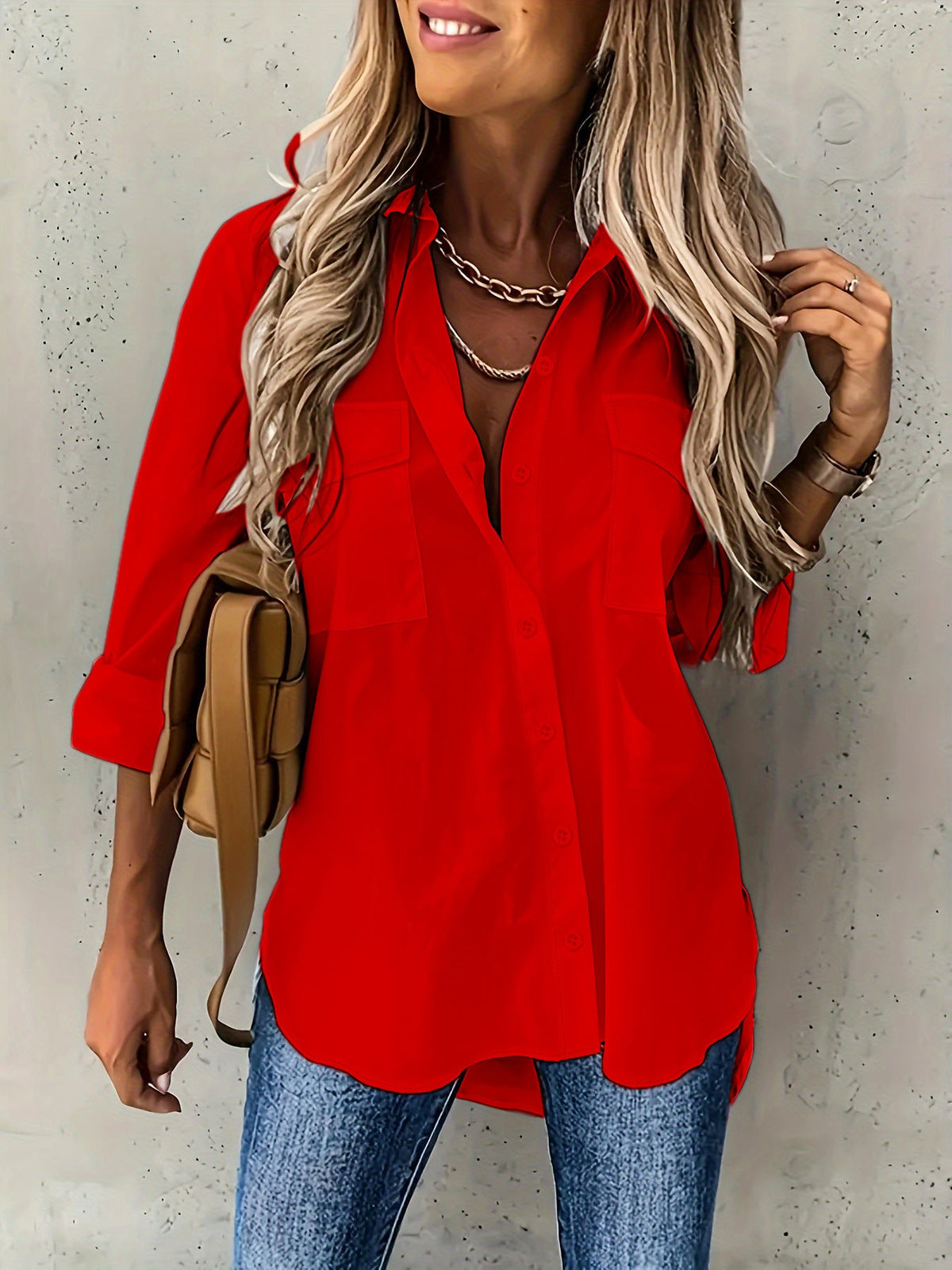 Button Front Long Sleeve Shirt, Casual Solid Office Shirt With Collar