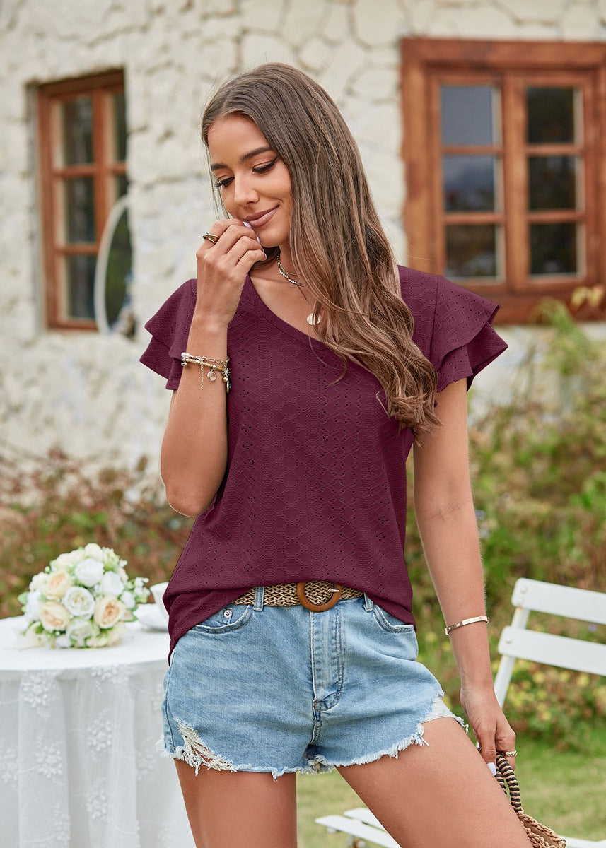 V Neck Short Sleeve Ladies Elegant Casual T-Shirts