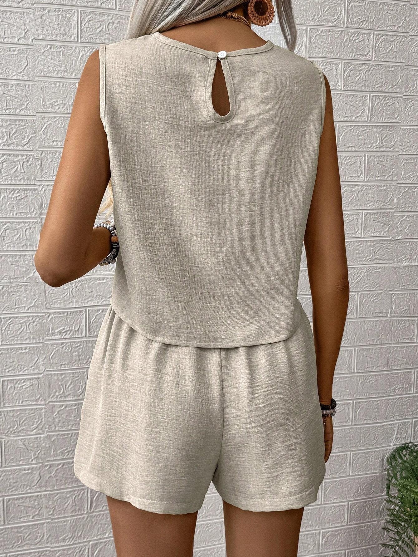Casual Solid Color Shorts Set, Crew Neck Sleeveless Tank Top & High Waist Shorts Outfits