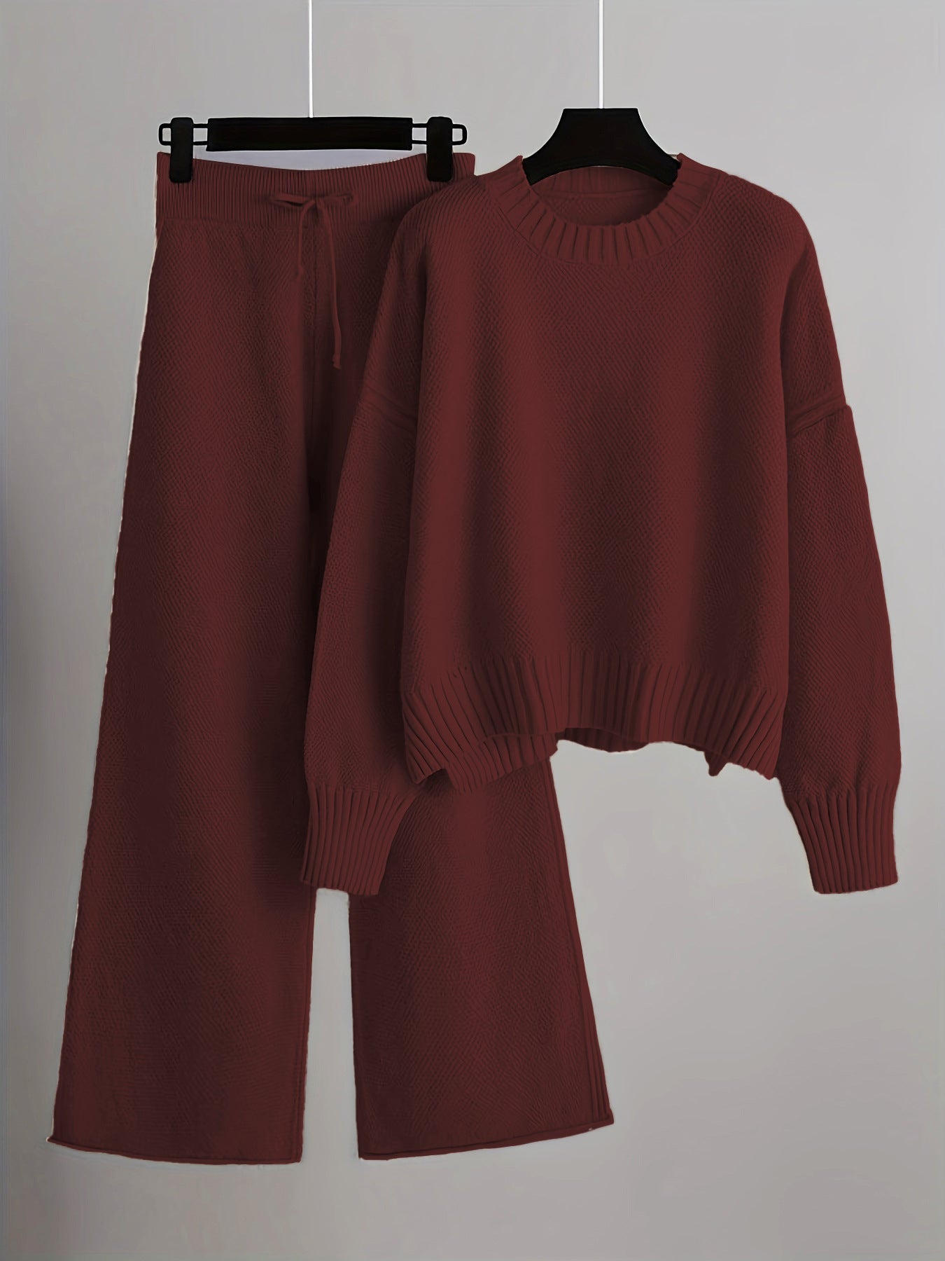 Solid Color Round Neck Sweater & Wide-Leg Pants Two-Piece Set