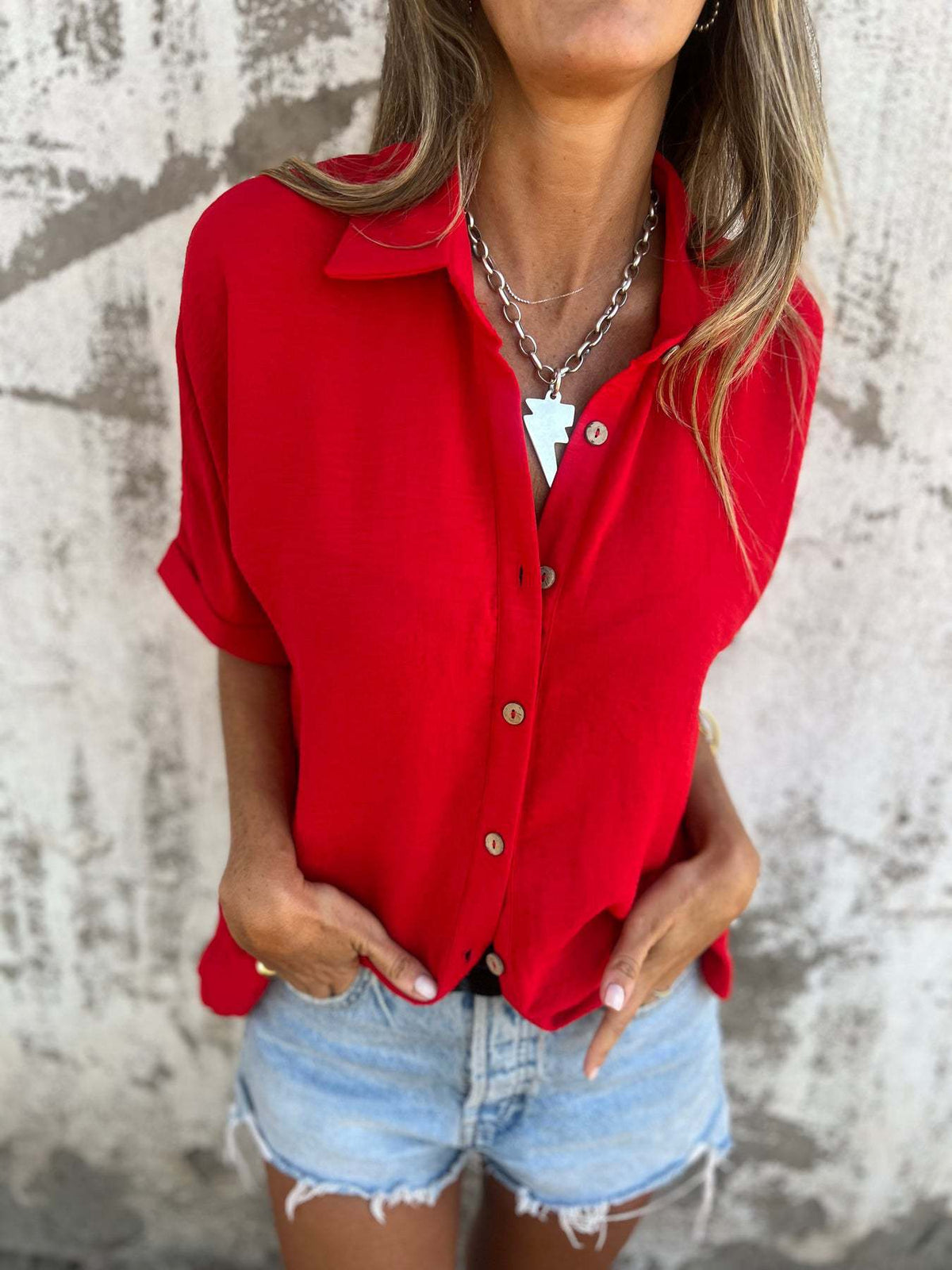 Plain Basic Modern Half Sleeve Collar Regular Tops