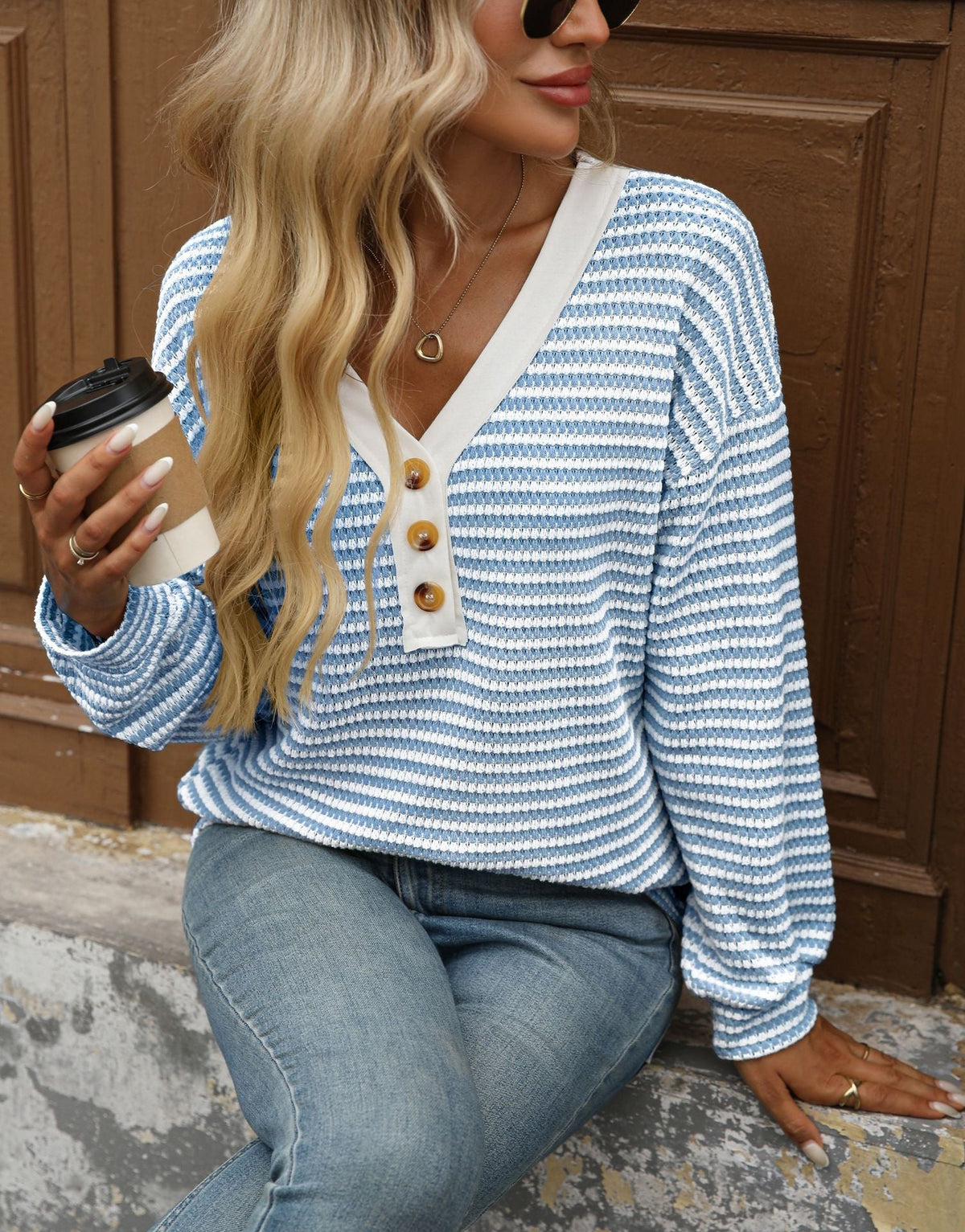 Retro Color Block Slouchy V-Neck Button- Long Sleeve Shirt