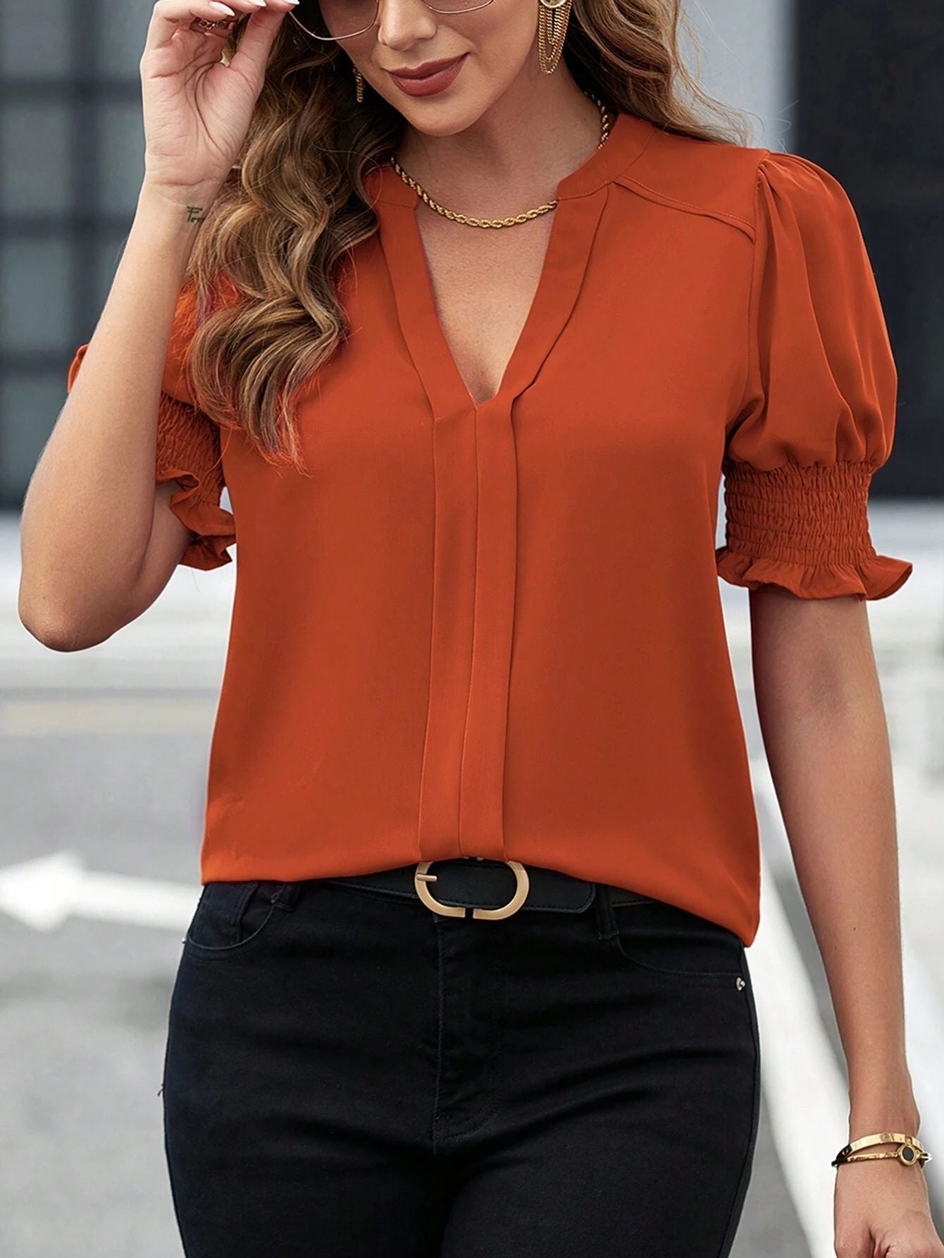 Women's Casual V-Neck Blouse - Loose Fit Solid Color Half Sleeve Fashion Top