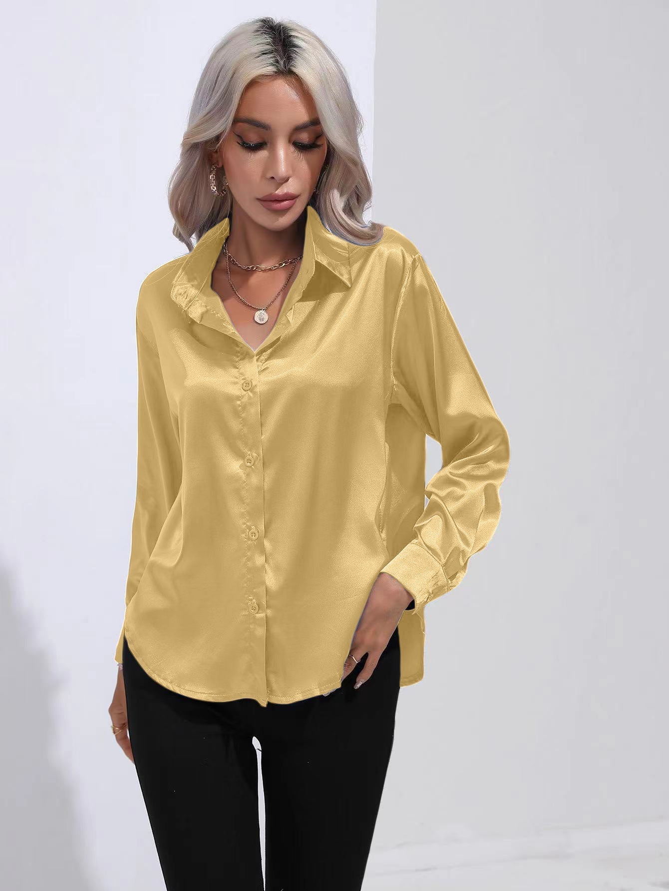 Lapel-collar Satin-satin-faux Silk Long-sleeved Shirt