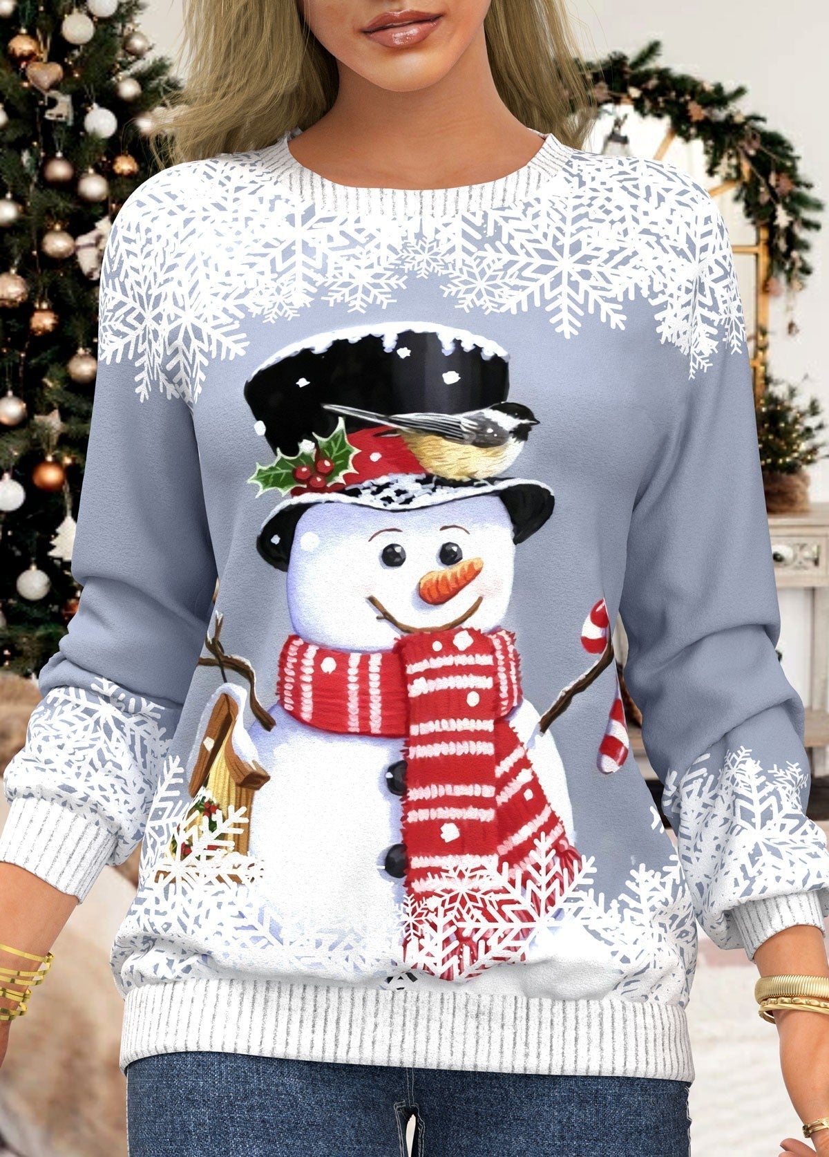 Snowman & Snowflake Print Sweatshirt, Casual Long Sleeve Crew Neck Sweatshirt