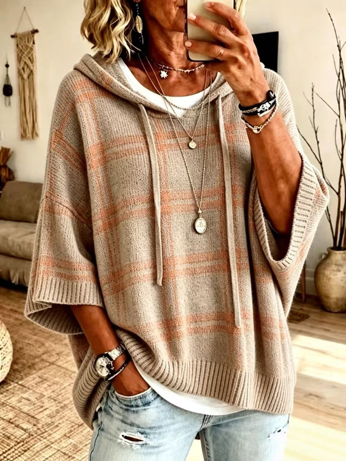 Plaid Hooded Knit Poncho Sweater with Drawstring
