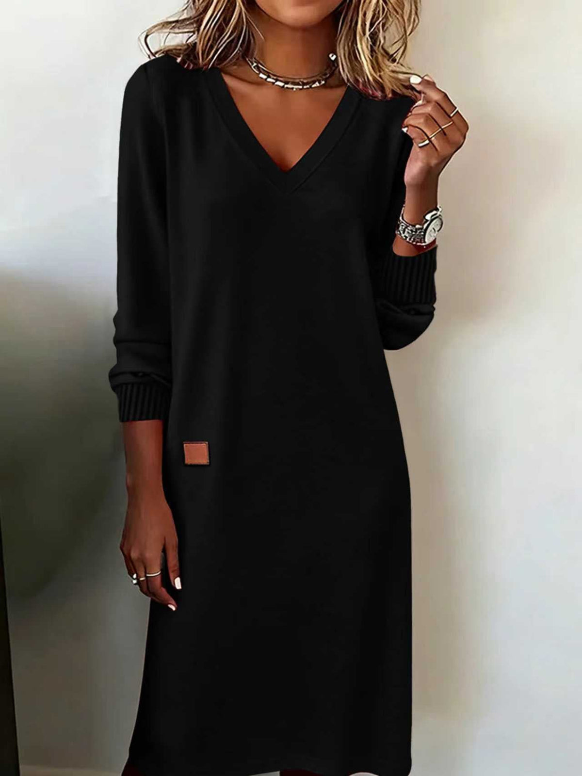 Plain Long Sleeve Spring/Fall Split Joint V Neck Daily Casual T-Shirt A-Line Maxi Dress