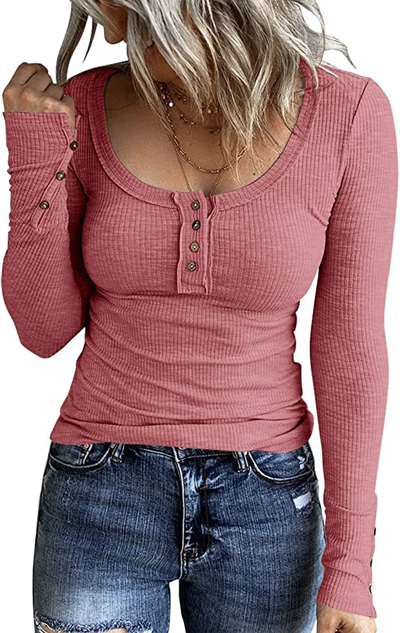 Casual Button Scoop Neck T-shirt, Loose Long Sleeve Slim Fit Fashion T-Shirts Tops