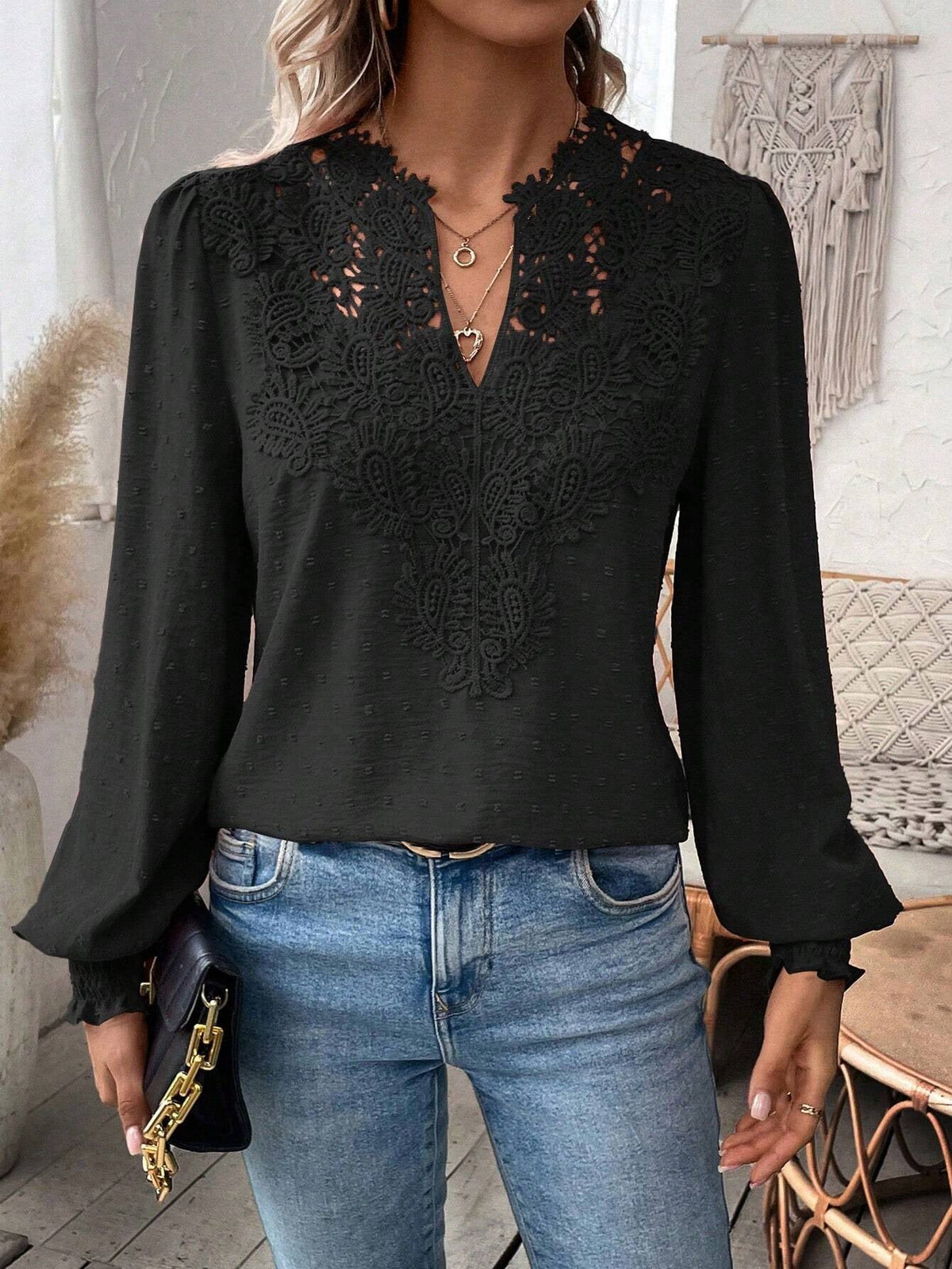 Lace Splicing Swiss Dot V-neck Blouse, Elegant Long Sleeve Blouse Top