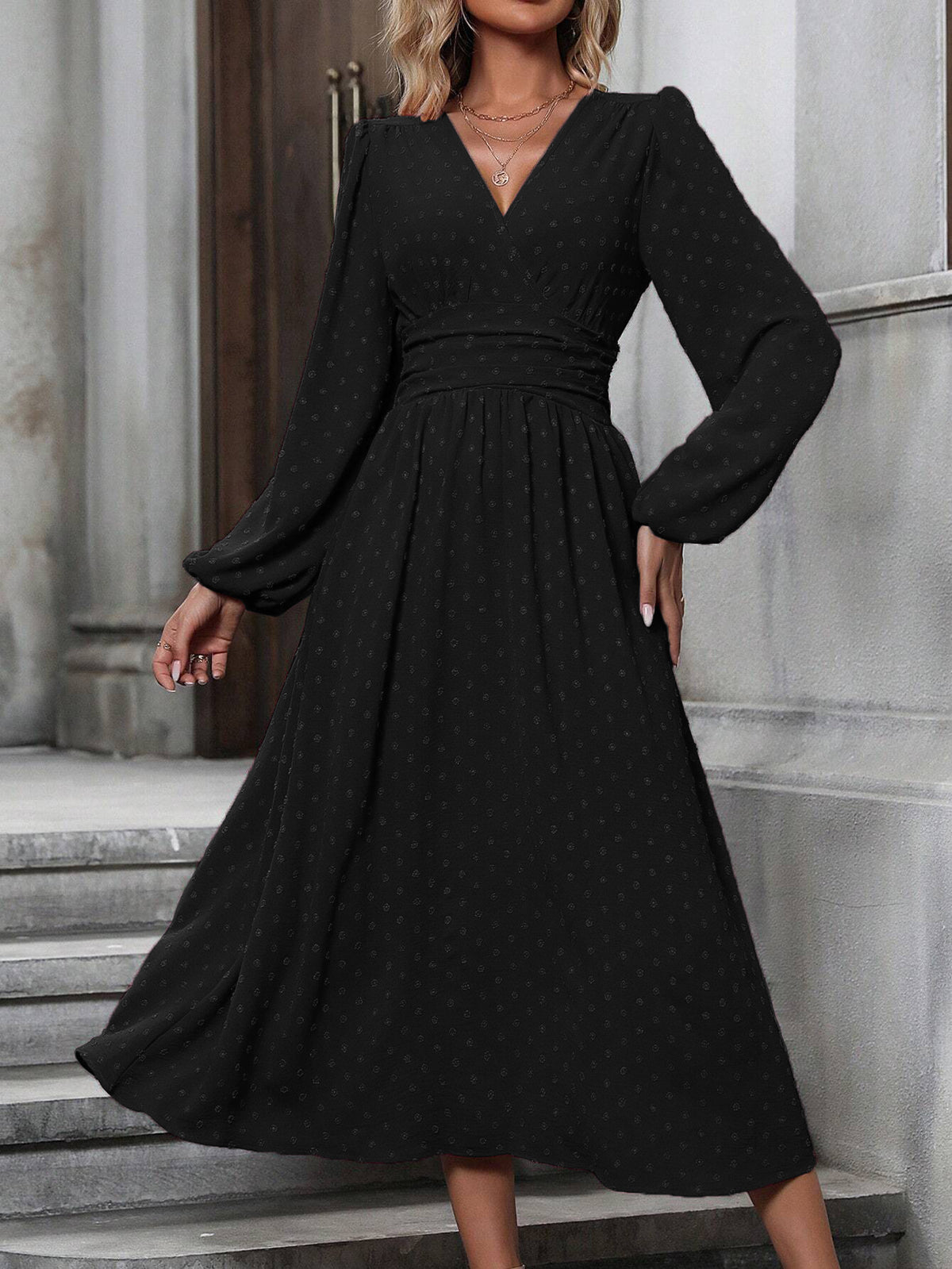 Floral Balloon Sleeve Spring/Fall Dress V Neck Long Sleeve A-Line Dress