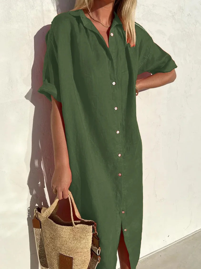 Solid Color Half Sleeve Button Down Maxi Dress