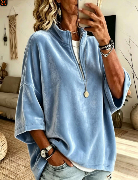 Half-Zip Velvet Top with Three-Quarter Batwing Sleeves