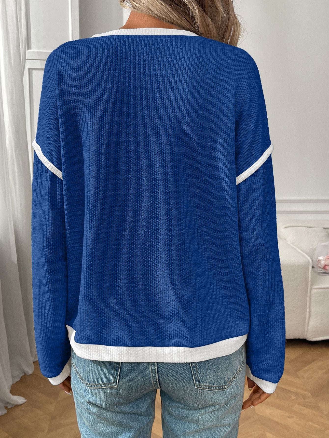 Ribbed Contrast Trim Long Sleeve Top