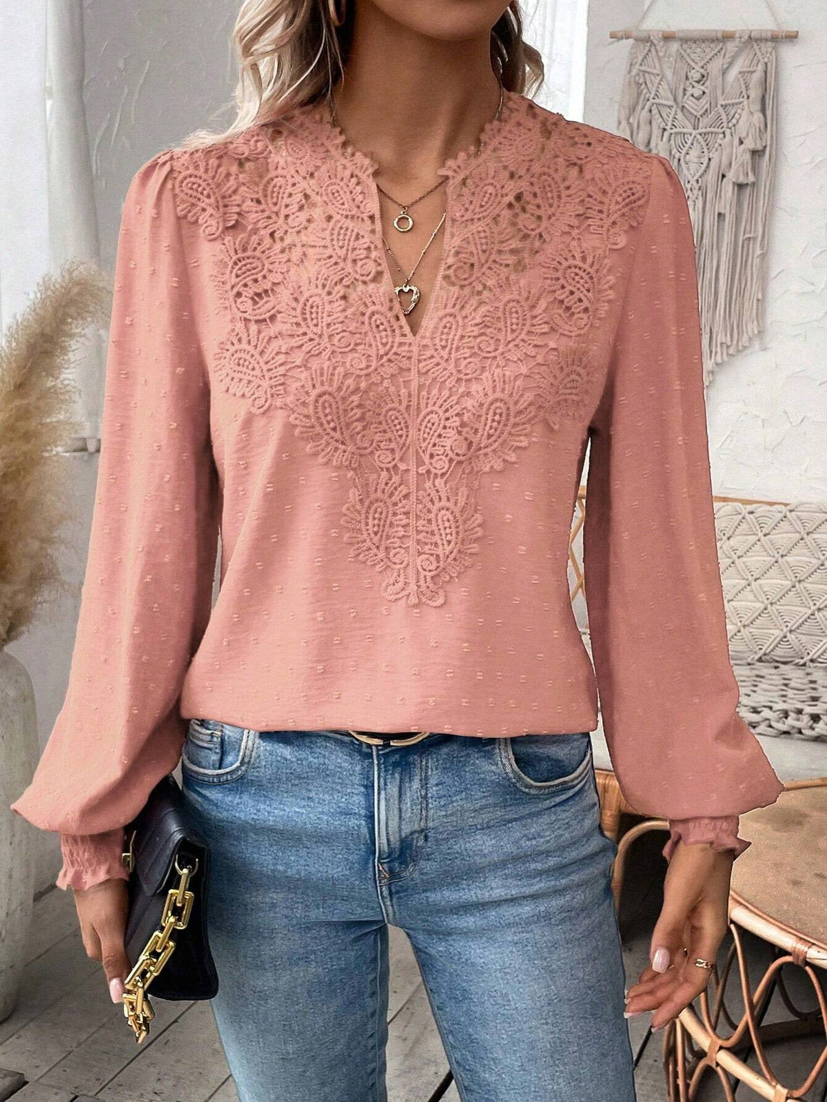 Lace Splicing Swiss Dot V-neck Blouse, Elegant Long Sleeve Blouse Top