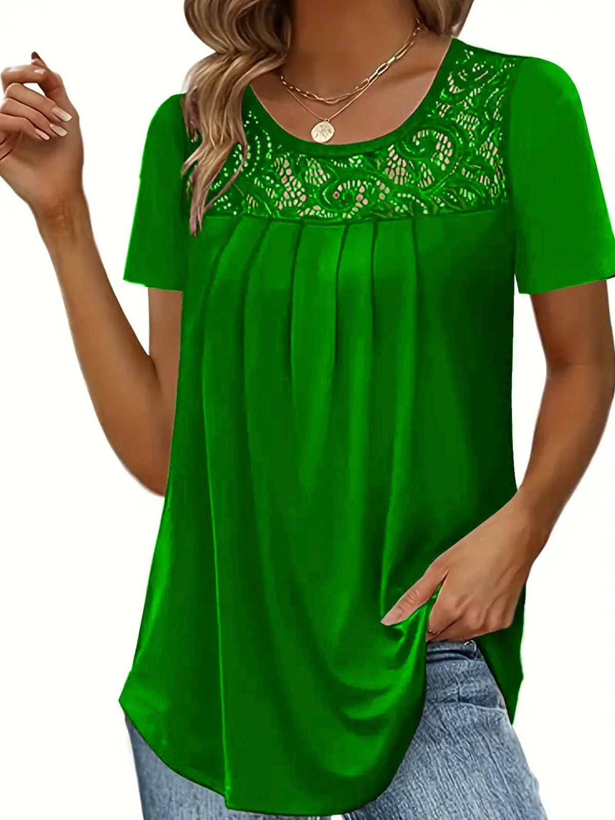 Women's Contrast Lace Ruched T-Shirt - Casual Short Sleeve Top