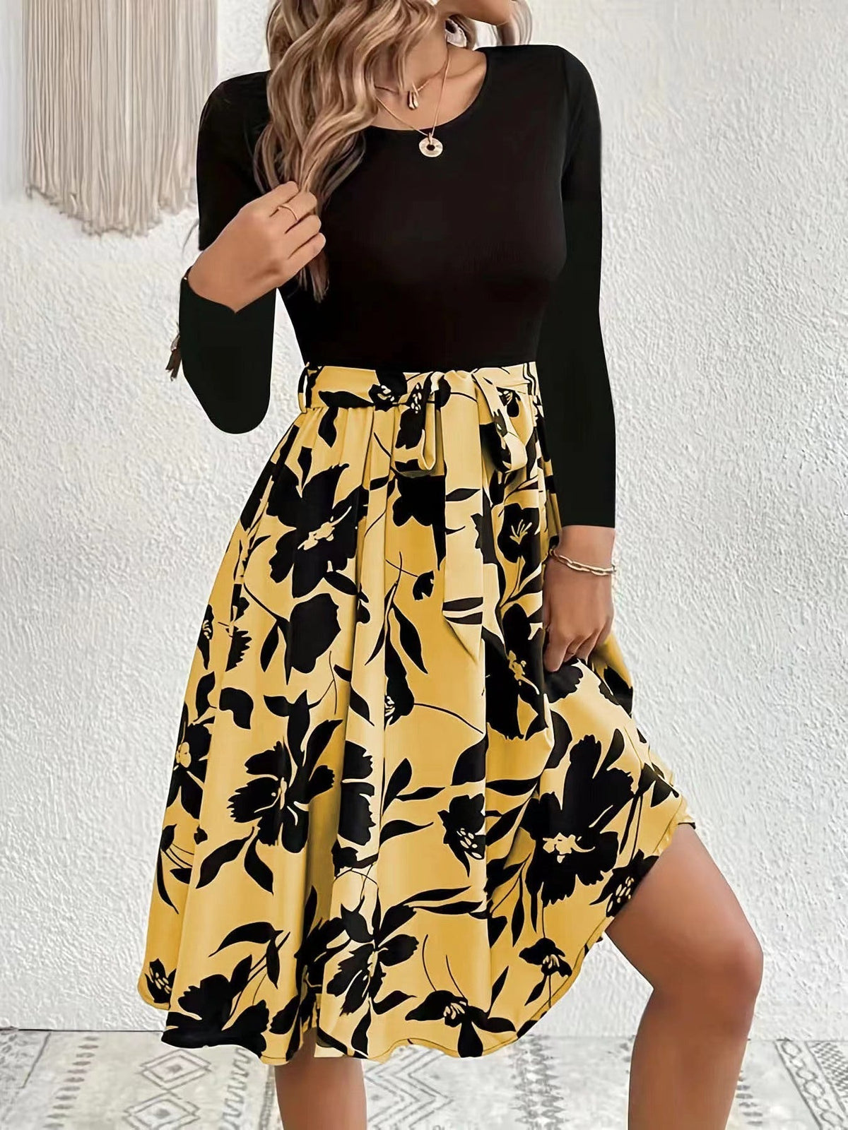 Floral Print Splicing Dress, Casual Crew Neck Long Sleeve Dress